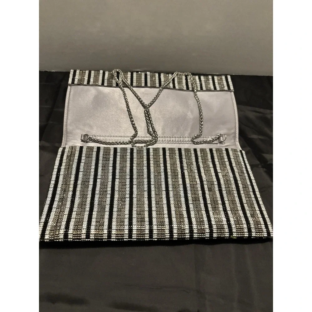 Sondra Roberts Silver Black Rhinestone Stripe Clutch Chain Evening Bag[C]